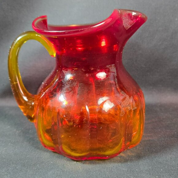 Small Amberina Art Glass Pitcher Red Orange Hand Blown Ribbed 5" Vintage Decor - Picture 3 of 10